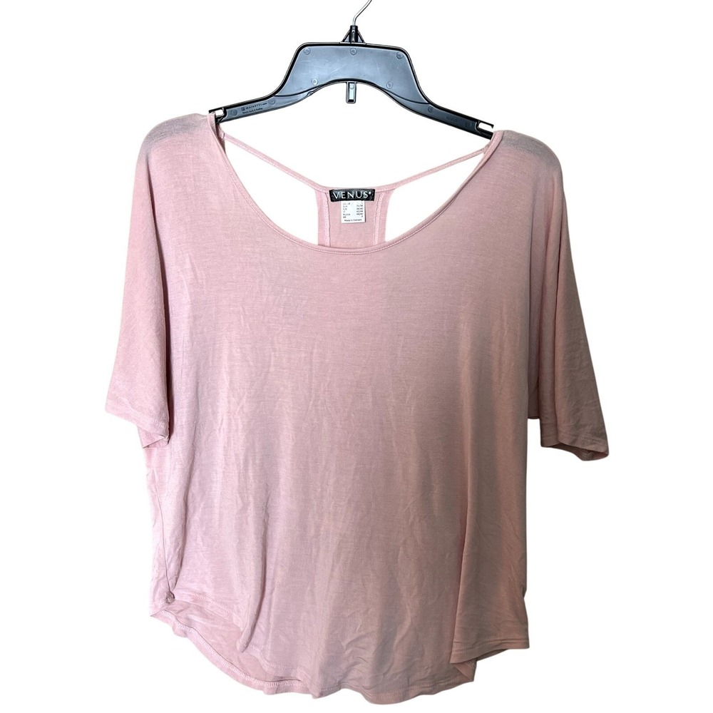 Venus Pink Strappy Open Back Short Sleeve Scoop Neck T-Shirt Womens Small